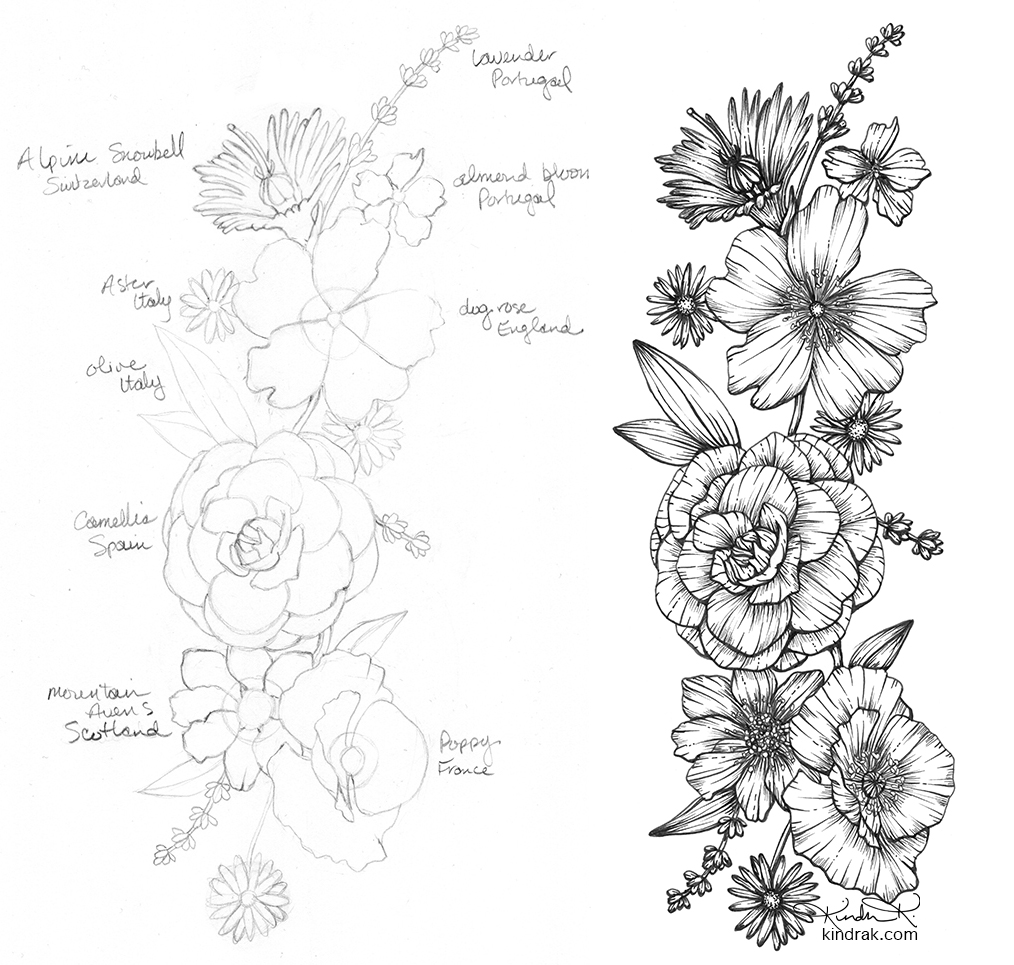 custom floral tattoo design. black and white ink drawing.