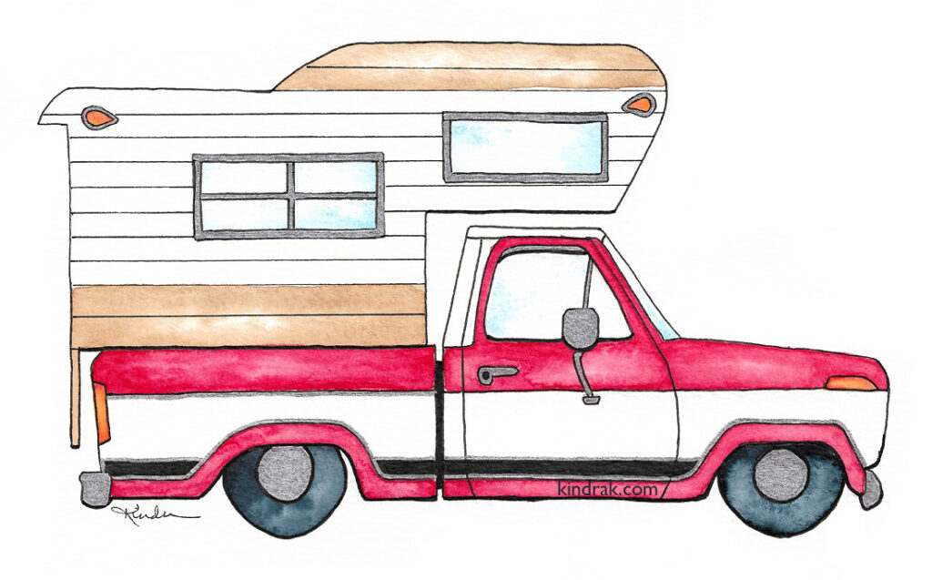watercolor painting of a camper and truck